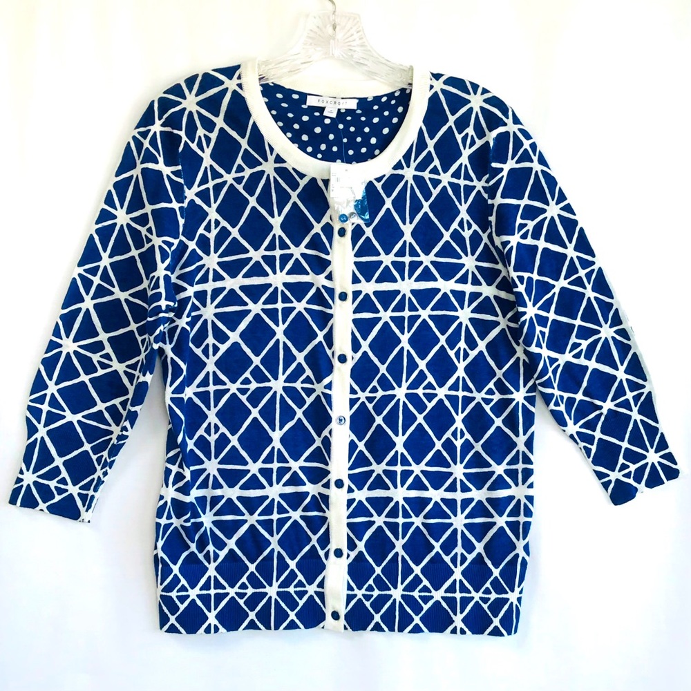 Foxcroft Womens Cardigan Sweater Vivid Blue & White Geometric Design Size M  NWT